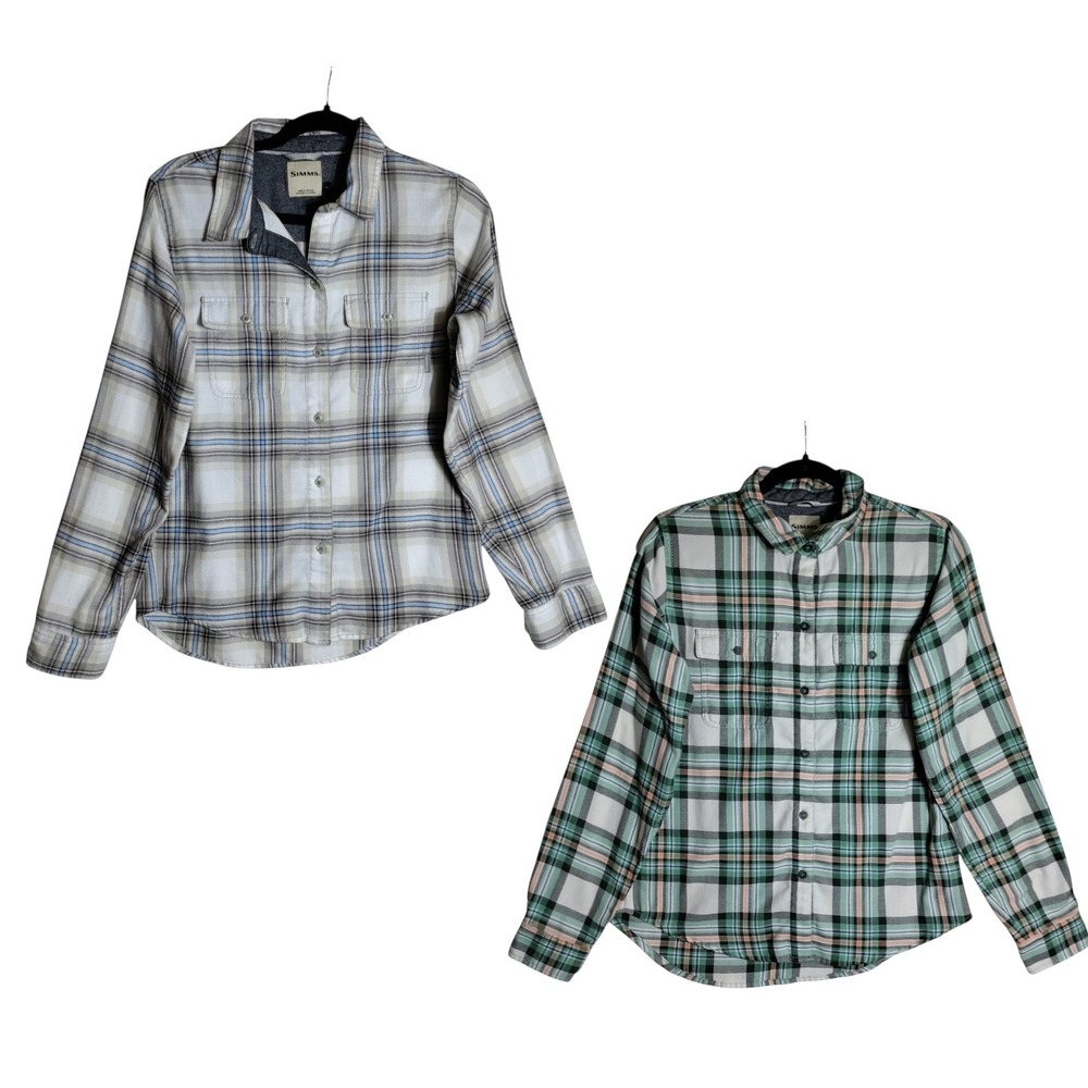 Simms Flannel Shirts Bundle 2 Pack Womens Medium Plaid Long Sleeve Button Down
